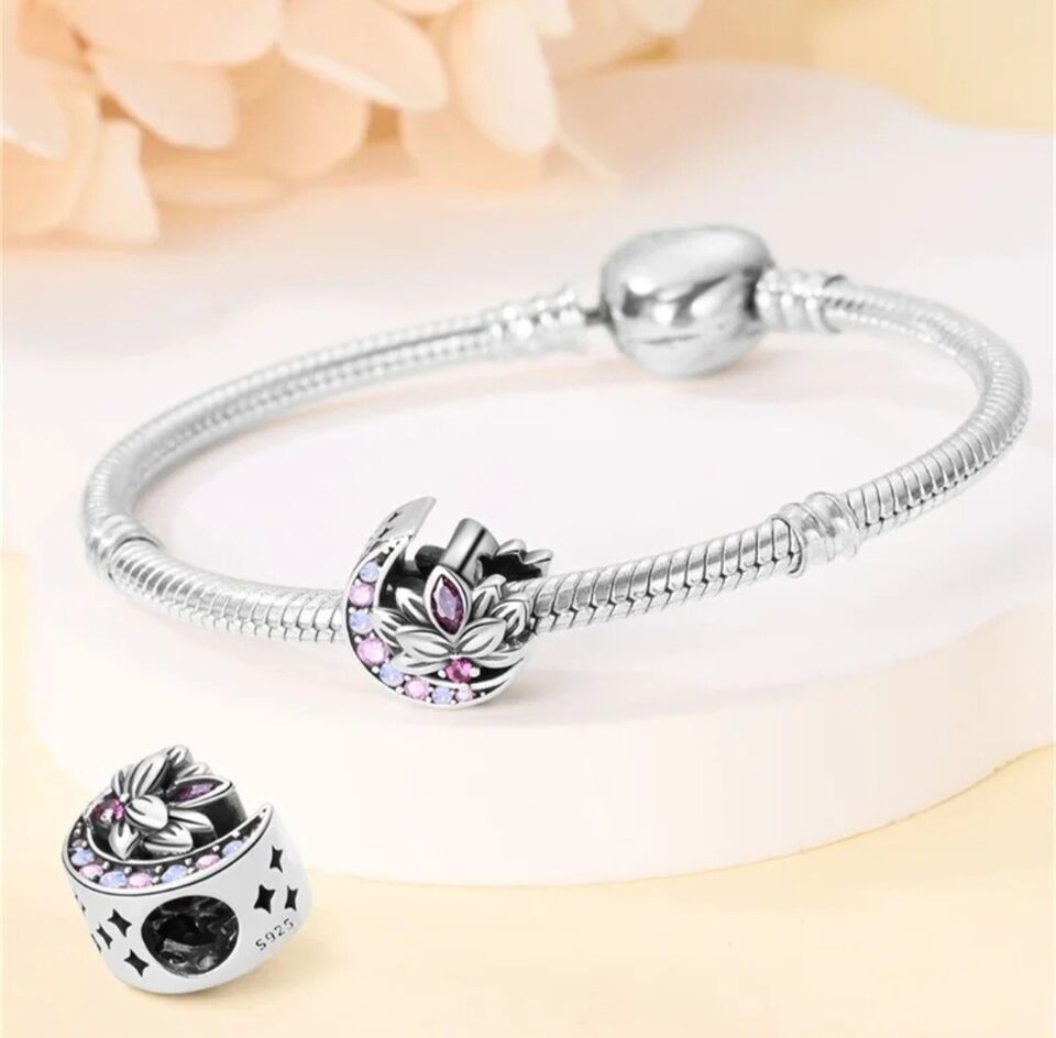 Lotus Flower With Pink Zirconia Moon Charm