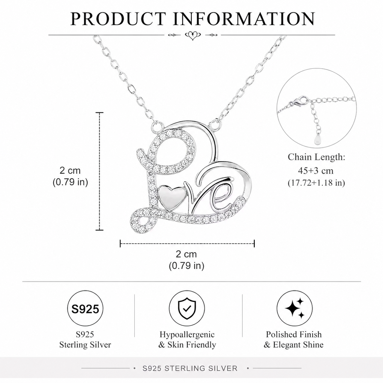 Silver 'LOVE' necklace with measurements and material details on a white background