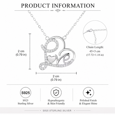 Silver 'LOVE' necklace with measurements and material details on a white background