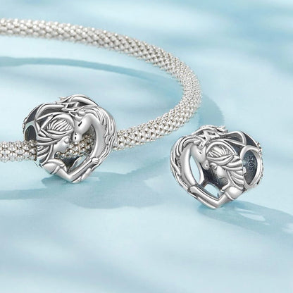 Sterling silver girl and horse heart charm equestrian love bead 925