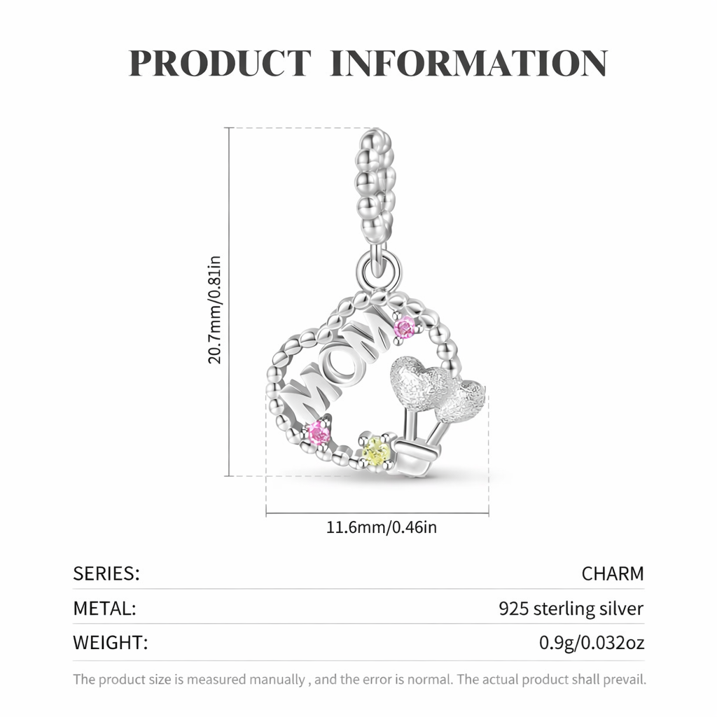 Silver heart-shaped charm with measurements and product details on a white background