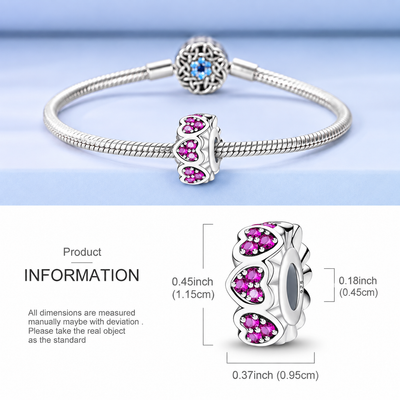 Silver snake-bangle bracelet with a decorative charm featuring pink gemstones, shown above a dimension diagram with measurements labeled in centimeters and inches.