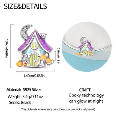 A size and detail comparison graphic for a small fairy house bead charm. The left side shows the full charm with dimension lines indicating 1.
