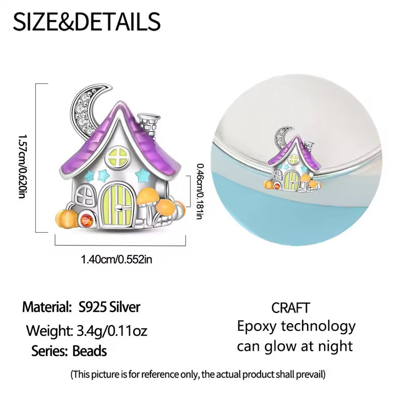 A size and detail comparison graphic for a small fairy house bead charm. The left side shows the full charm with dimension lines indicating 1.