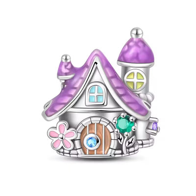 925 sterling silver fairy cottage charm with purple glow in the dark roof pink flower green stone and blue crystal