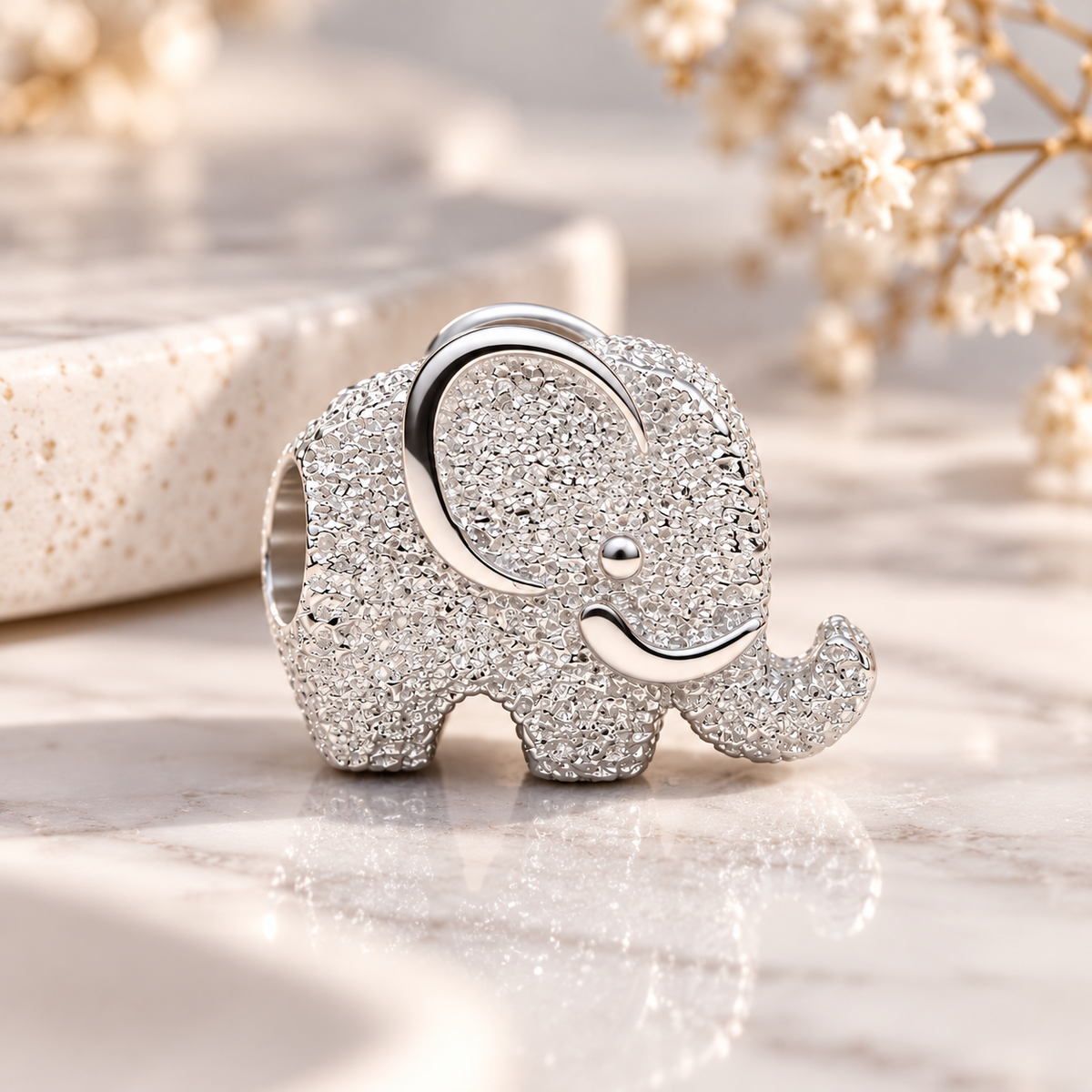 925 sterling silver lucky elephant bead charm with raised trunk textured sparkling finish and polished silver details