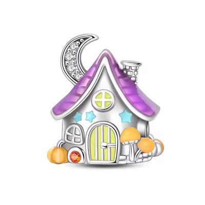 925 sterling silver moonlight fairy cottage charm with sparkling crescent moon purple glow in the dark roof stars and mushrooms