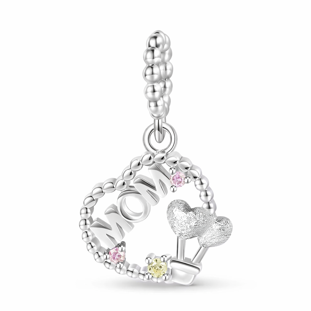 Silver MOM heart dangle charm with crystal accents and balloon detail for charm bracelet