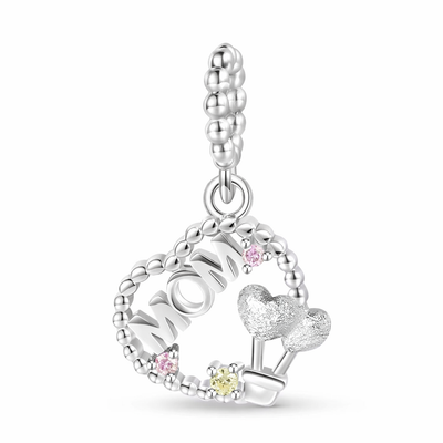 Silver MOM heart dangle charm with crystal accents and balloon detail for charm bracelet