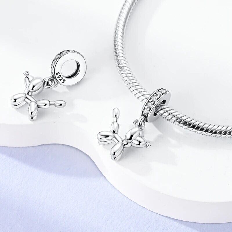 Balloon dog dangle charm 925 sterling silver with zirconia playful animal jewelry bracelet gift