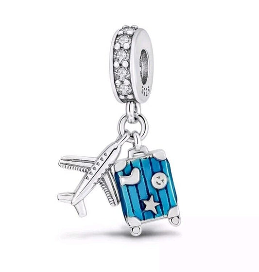 Blue Suitcase & Plane Dangle Charm