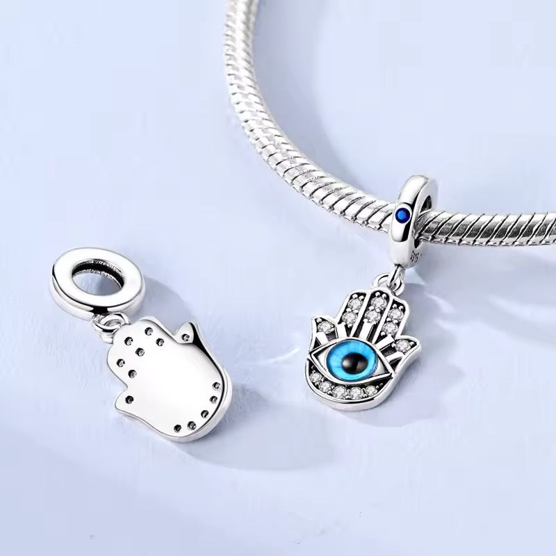 Blue Evil Eye Hamsa charm 925 sterling silver with clear zirconia protective dangle bead for bracelet jewelry