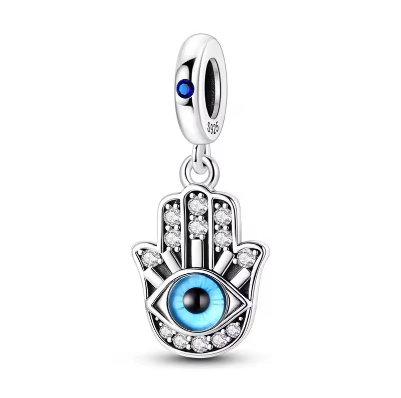 Blue Evil Eye Hamsa charm 925 sterling silver with clear zirconia protective dangle bead for bracelet jewelry