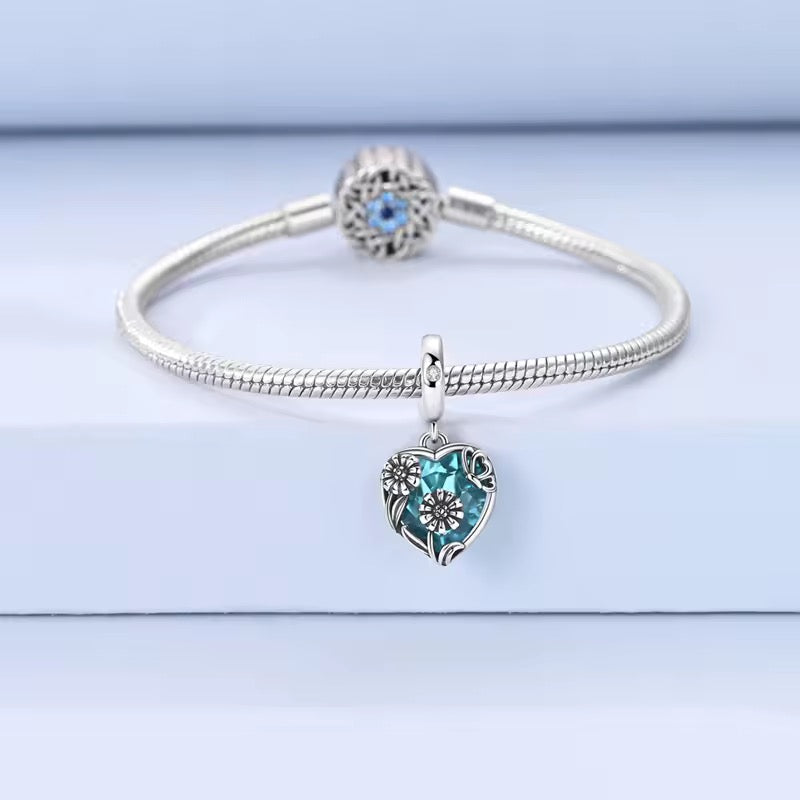 Blue heart flower charm 925 sterling silver with crystal butterfly floral jewelry bracelet gift accessory