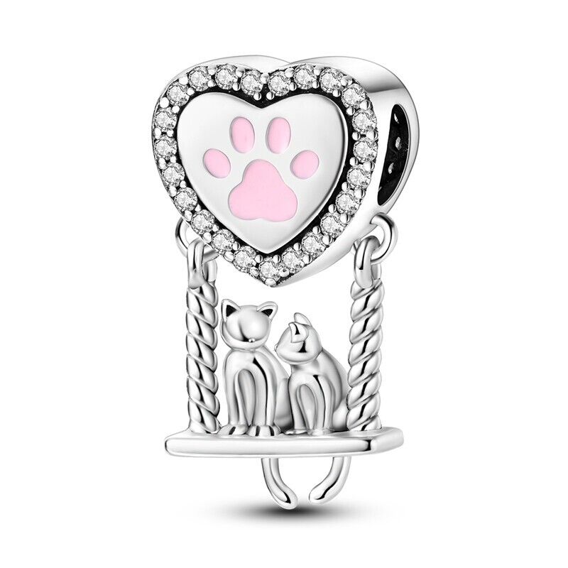 Cats On A Swing Heart Dangle Charm