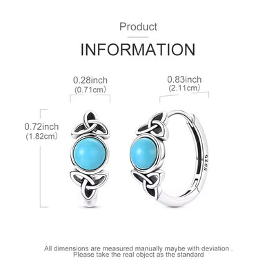 Pair of silver hoop earrings with turquoise stones and measurements on a white background