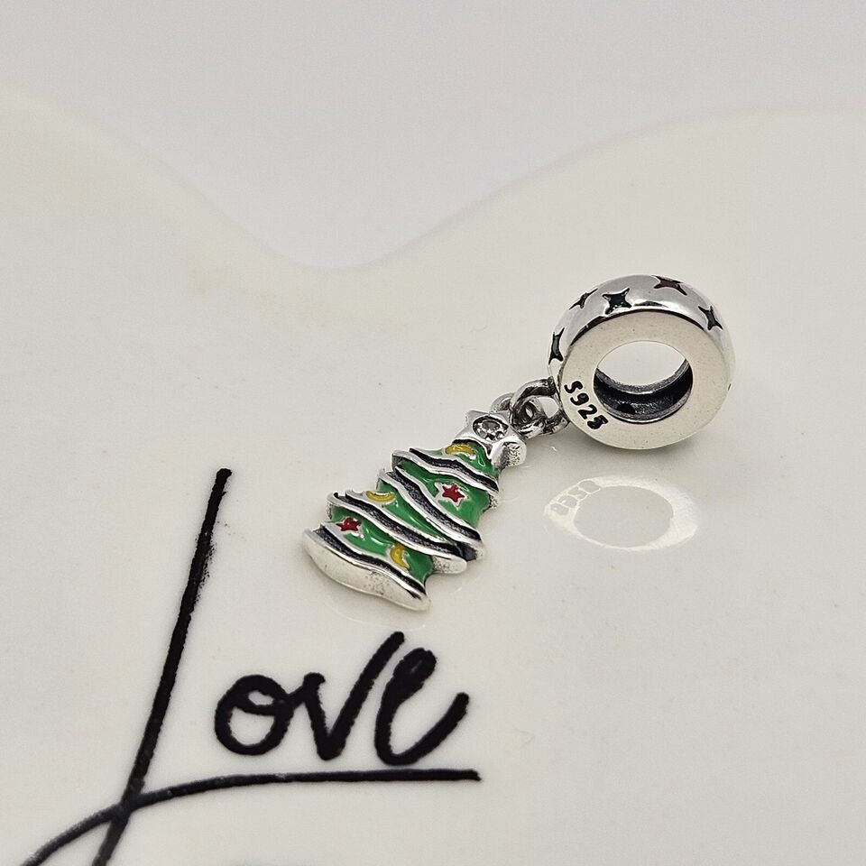 Christmas tree green dangle charm 925 sterling silver festive holiday bead jewelry gift accessor