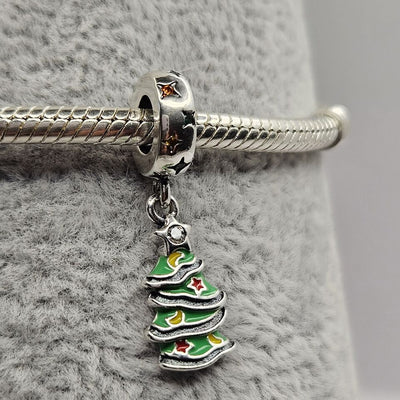 Christmas tree green dangle charm 925 sterling silver festive holiday bead jewelry gift accessor