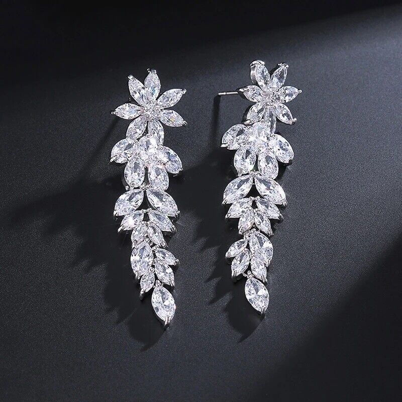 Cluster Flower Shape Cubic Zirconia Long Dangle Drop Earrings