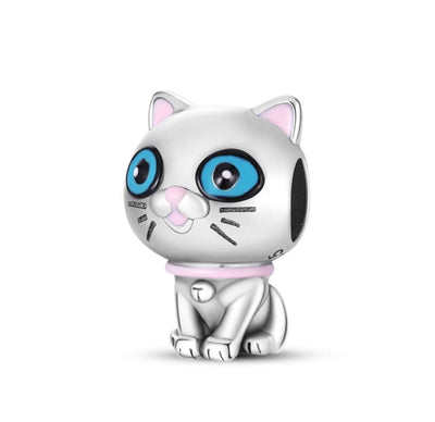 Cute big eyes cat charm 925 sterling silver adorable feline bead jewelry bracelet accessory gift
