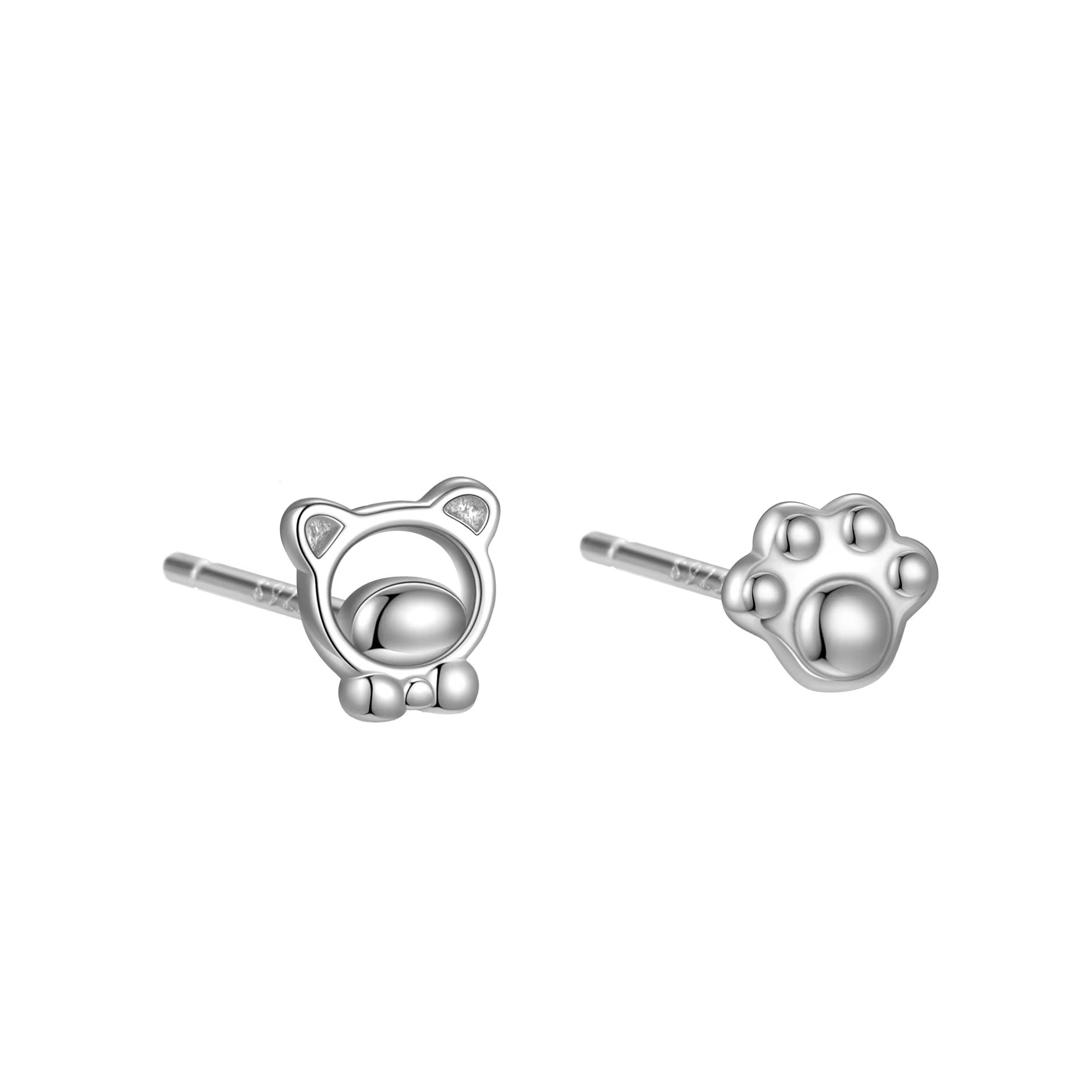 Cute cat and paw stud earrings 925 sterling silver small animal jewelry minimal dainty gift