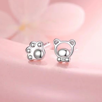 Cute cat and paw stud earrings 925 sterling silver small animal jewelry minimal dainty gift
