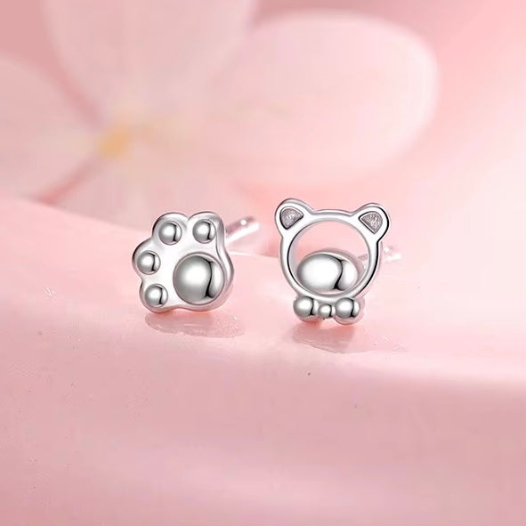 Cute cat and paw stud earrings 925 sterling silver small animal jewelry minimal dainty gift