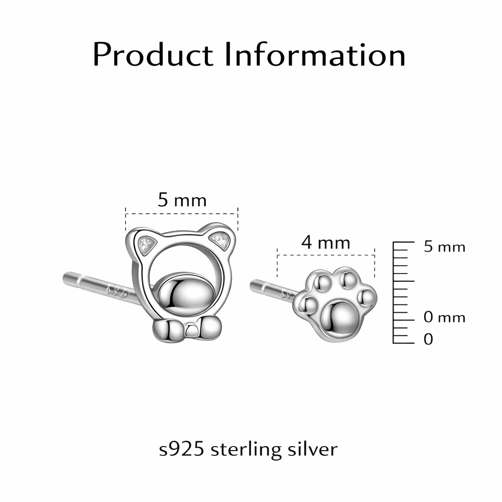 Cute cat and paw stud earrings 925 sterling silver small animal jewelry minimal dainty gift