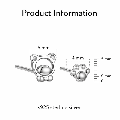 Cute cat and paw stud earrings 925 sterling silver small animal jewelry minimal dainty gift