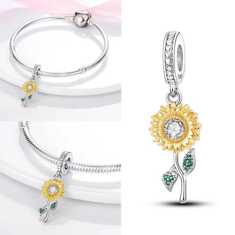 Cute sunflower dangle charm 925 sterling silver with sparkling zirconia floral jewelry bracelet gift accessory