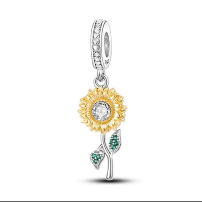 Cute sunflower dangle charm 925 sterling silver with sparkling zirconia floral jewelry bracelet gift accessory