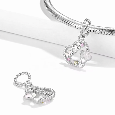 Silver MOM heart dangle charm with crystal accents and balloon detail for charm bracelet