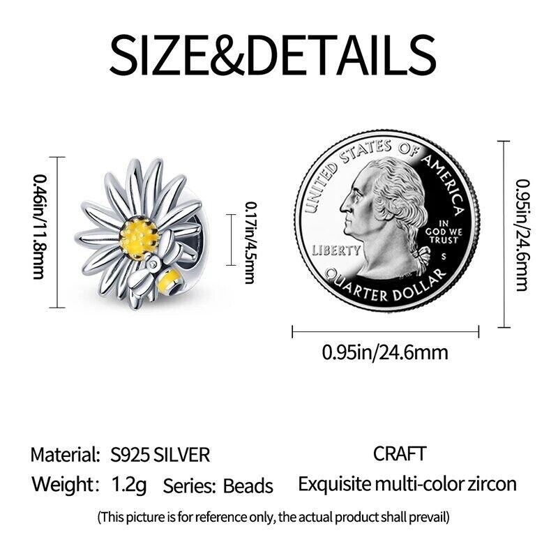 Daisy flower honey bee bead charm 925 sterling silver floral nature jewelry gift accessory