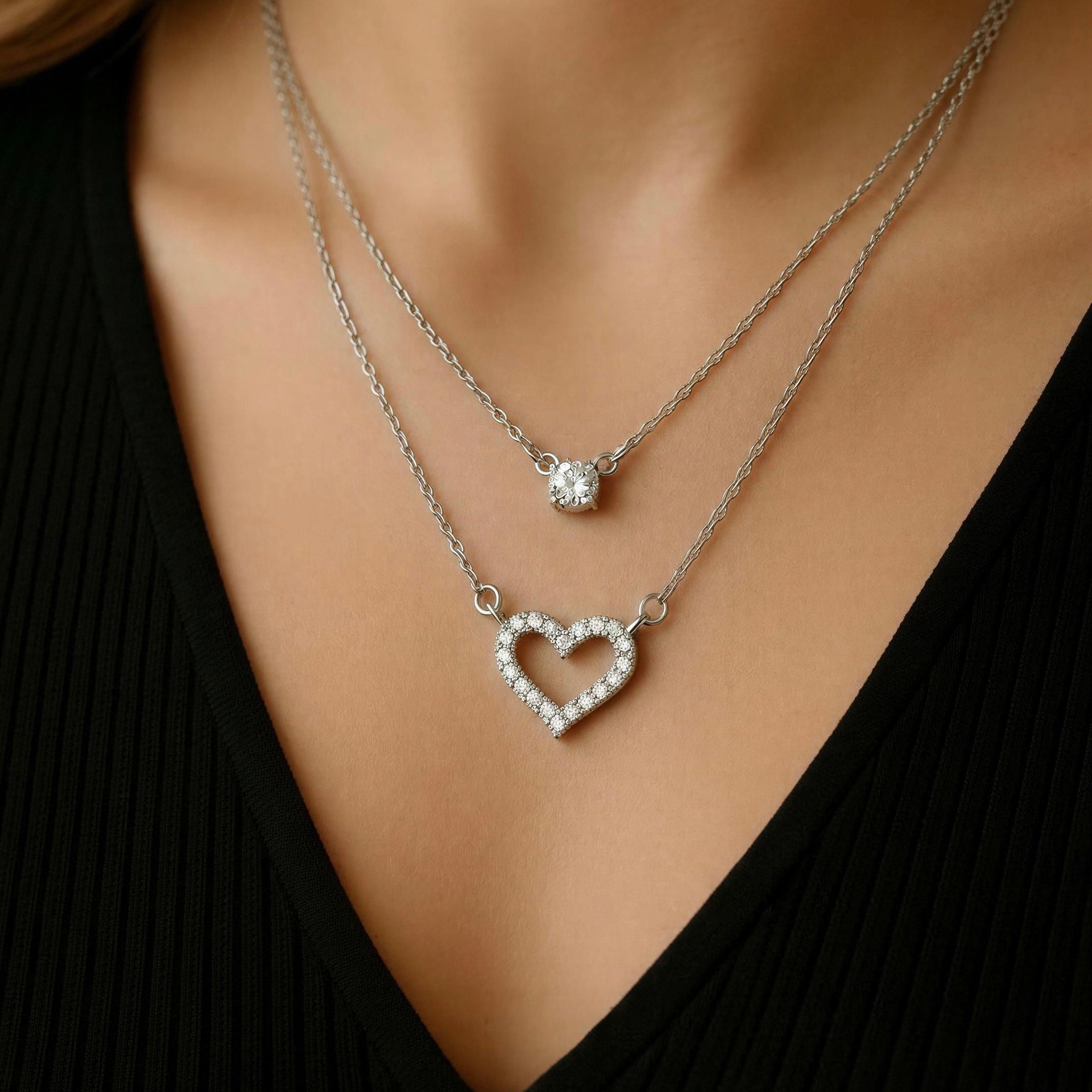 Double layer heart necklace sparkling pendant romantic jewelry elegant layered chain for women