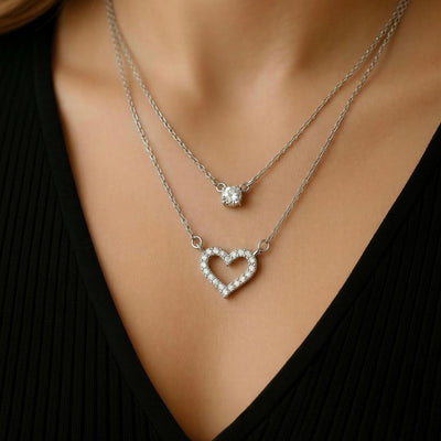 Double layer heart necklace sparkling pendant romantic jewelry elegant layered chain for women