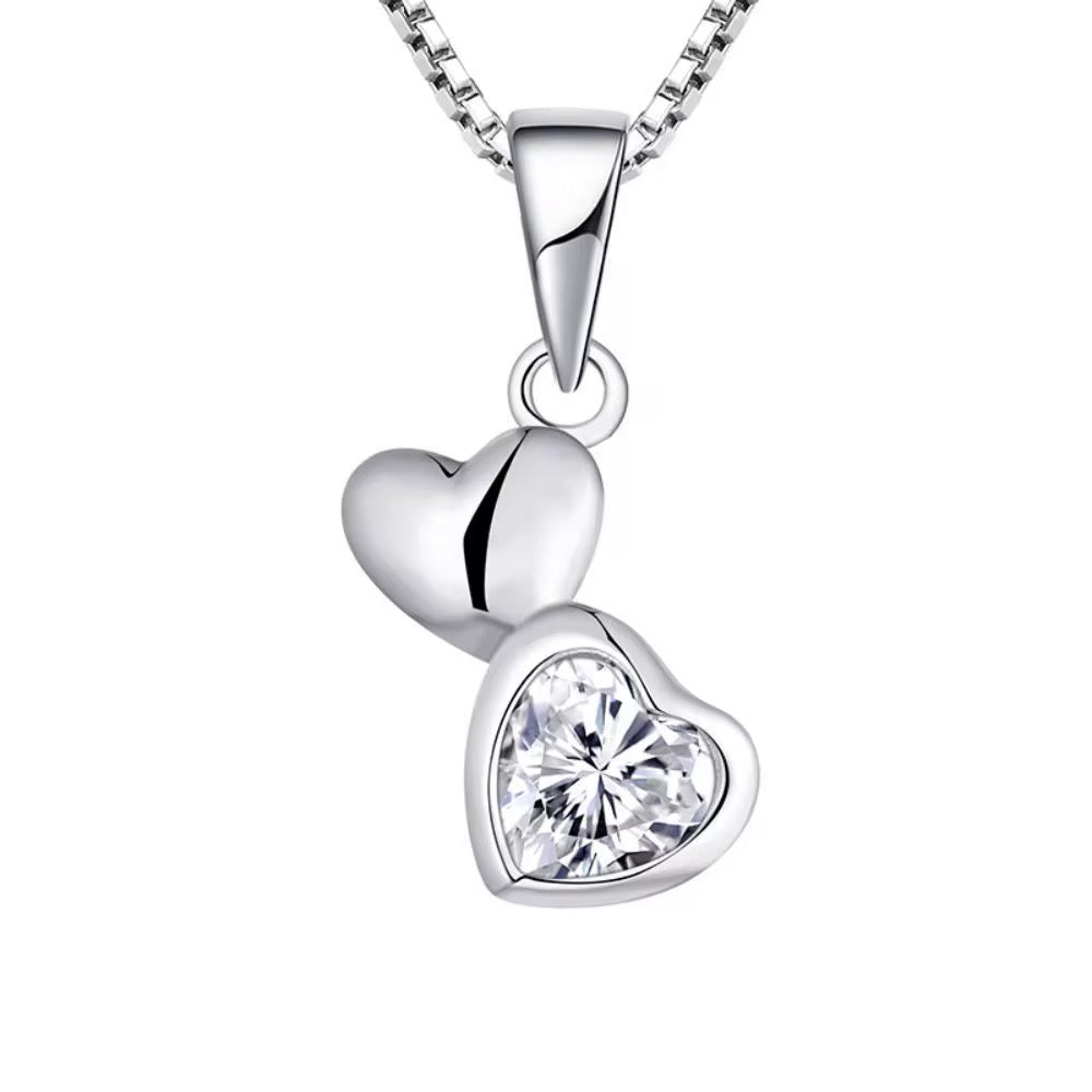 Double heart zircon pendant necklace elegant silver love jewelry romantic gift