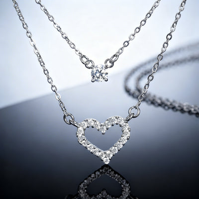 Double layer heart necklace sparkling pendant romantic jewelry elegant layered chain for women