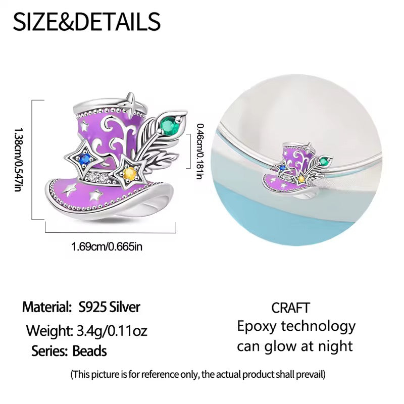 Enchanted magic hat glow in the dark charm 925 sterling silver with colourful stones stars and feather