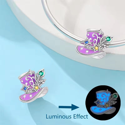Enchanted magic hat glow in the dark charm 925 sterling silver with colourful stones stars and feather