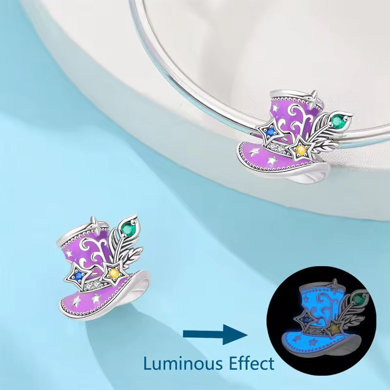 Enchanted magic hat glow in the dark charm 925 sterling silver with colourful stones stars and feather