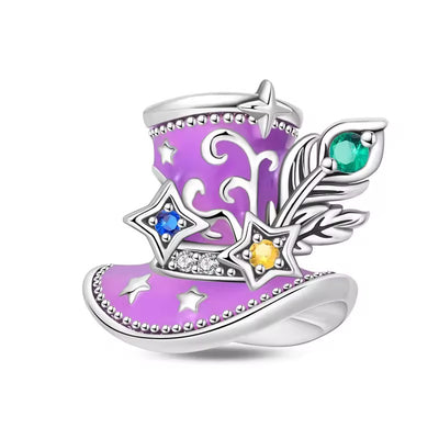 Enchanted magic hat glow in the dark charm 925 sterling silver with colourful stones stars and feather