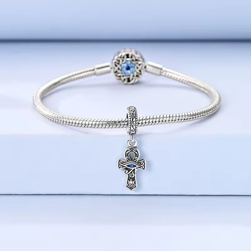 Eye of Horus Ankh charm 925 sterling silver with blue stone Egyptian symbol dangle bead for bracelet jewelry