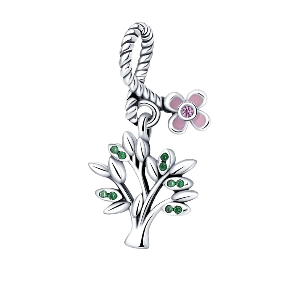 Family Tree & Pink Flower Dangle Charm