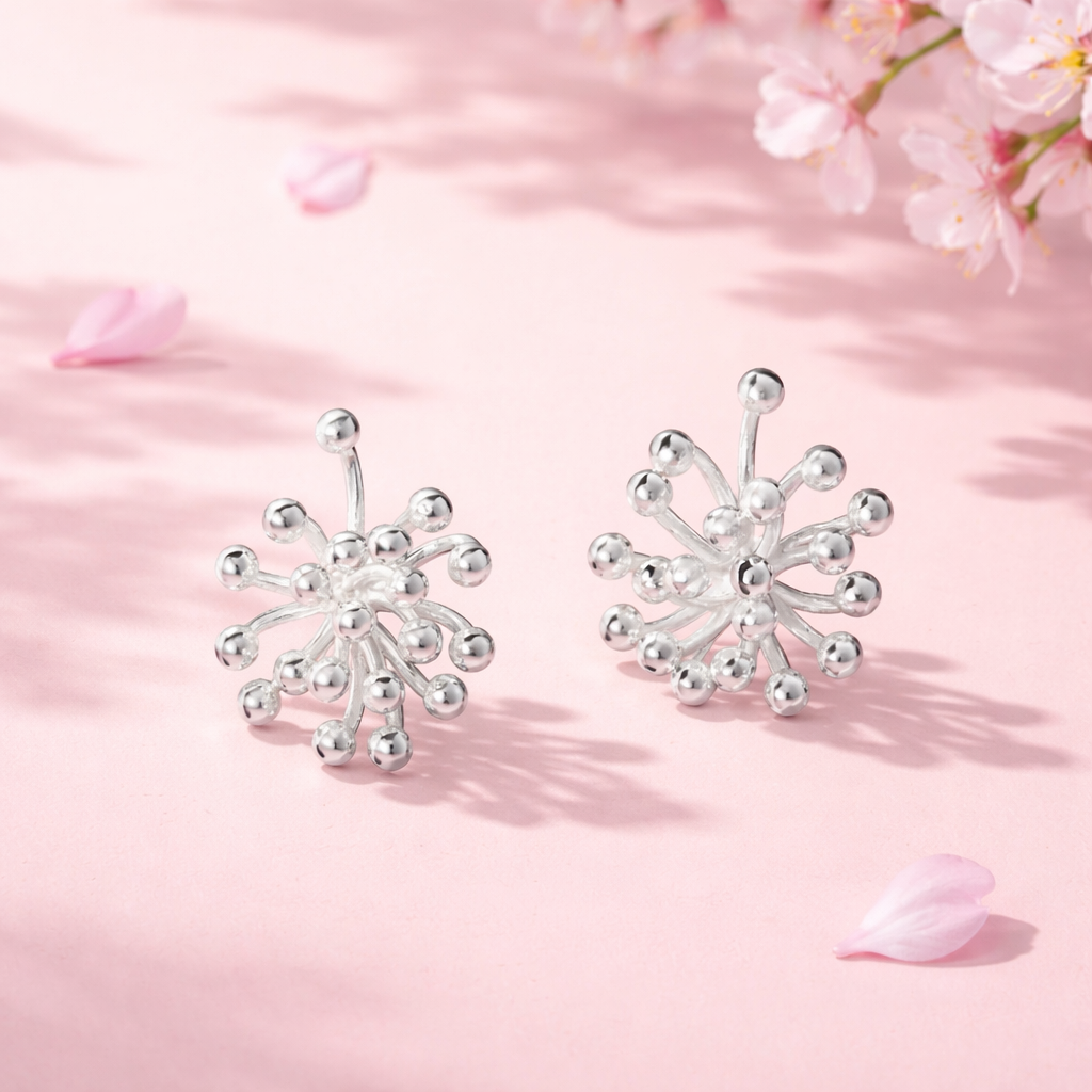 Firework burst stud earrings 925 sterling silver shiny sphere design elegant minimal jewelry