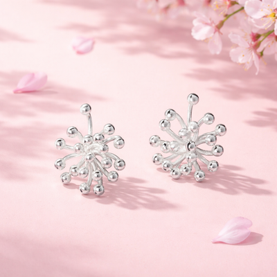 Firework burst stud earrings 925 sterling silver shiny sphere design elegant minimal jewelry