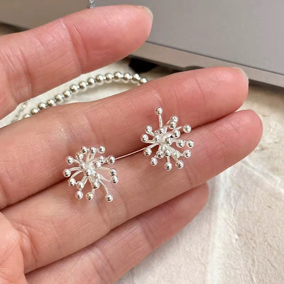 Firework burst stud earrings 925 sterling silver shiny sphere design elegant minimal jewelry