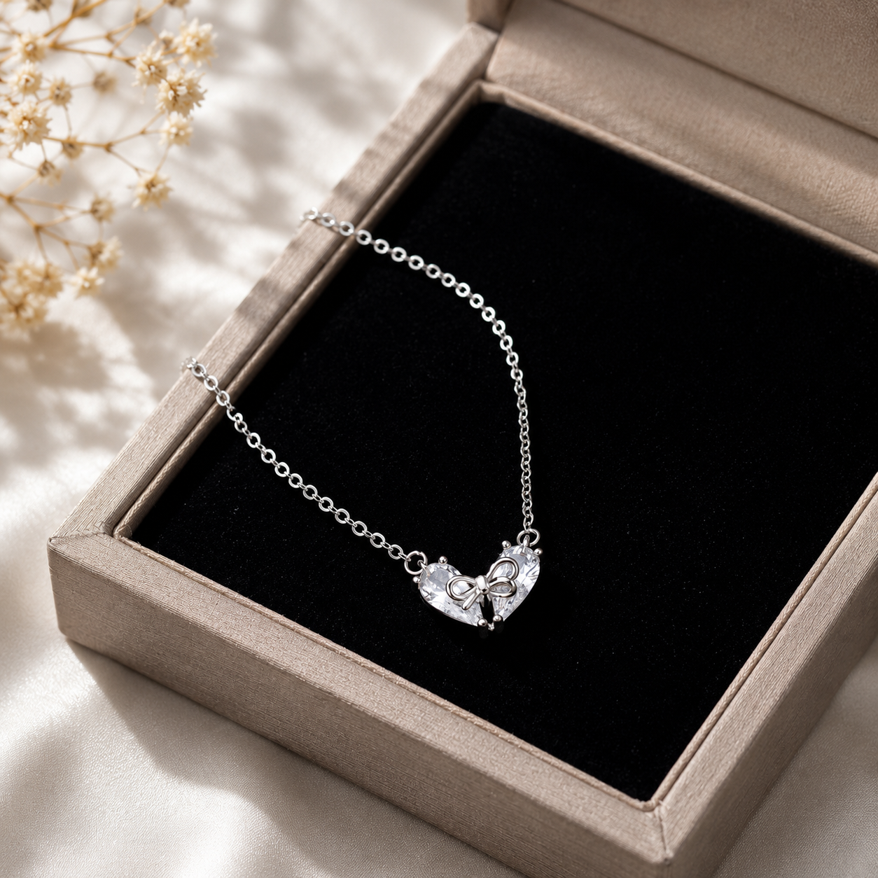 Forever Bow Heart necklace 925 sterling silver with heart zirconia and silver bow elegant gift jewelry for women