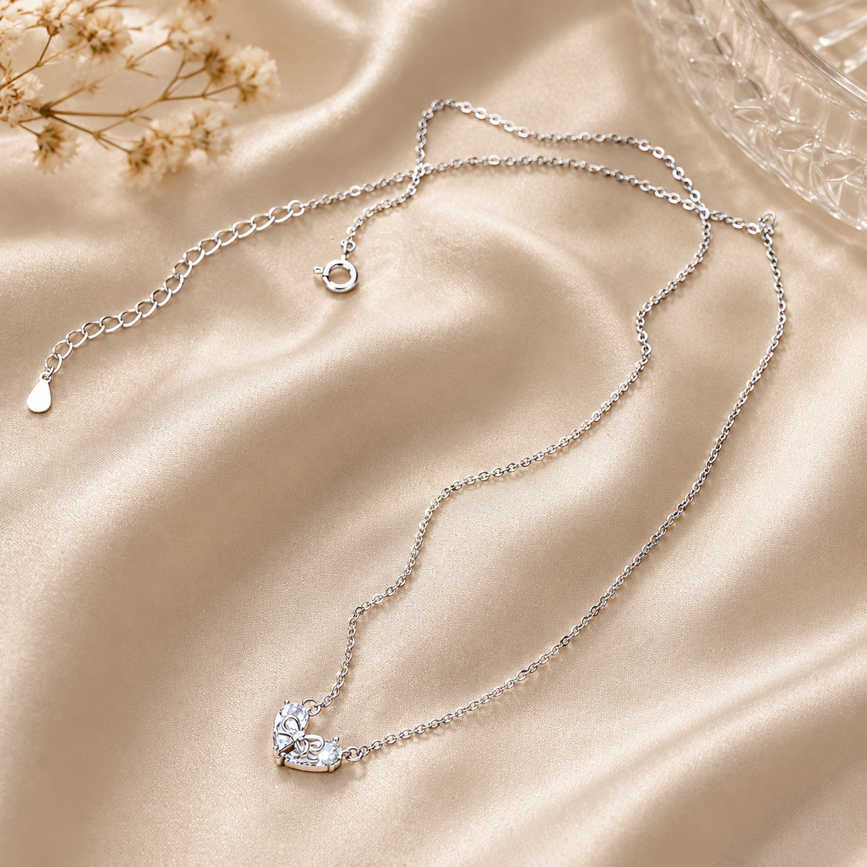 Forever Bow Heart necklace 925 sterling silver with heart zirconia and silver bow elegant gift jewelry for women