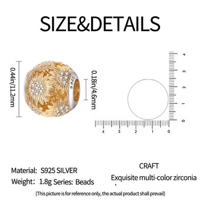 Golden sunflower charm 925 sterling silver with zirconia floral bead elegant bracelet jewelry gift