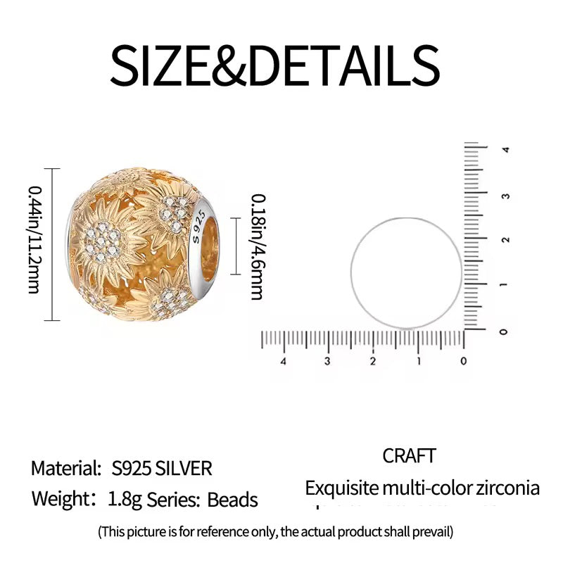 Golden sunflower charm 925 sterling silver with zirconia floral bead elegant bracelet jewelry gift